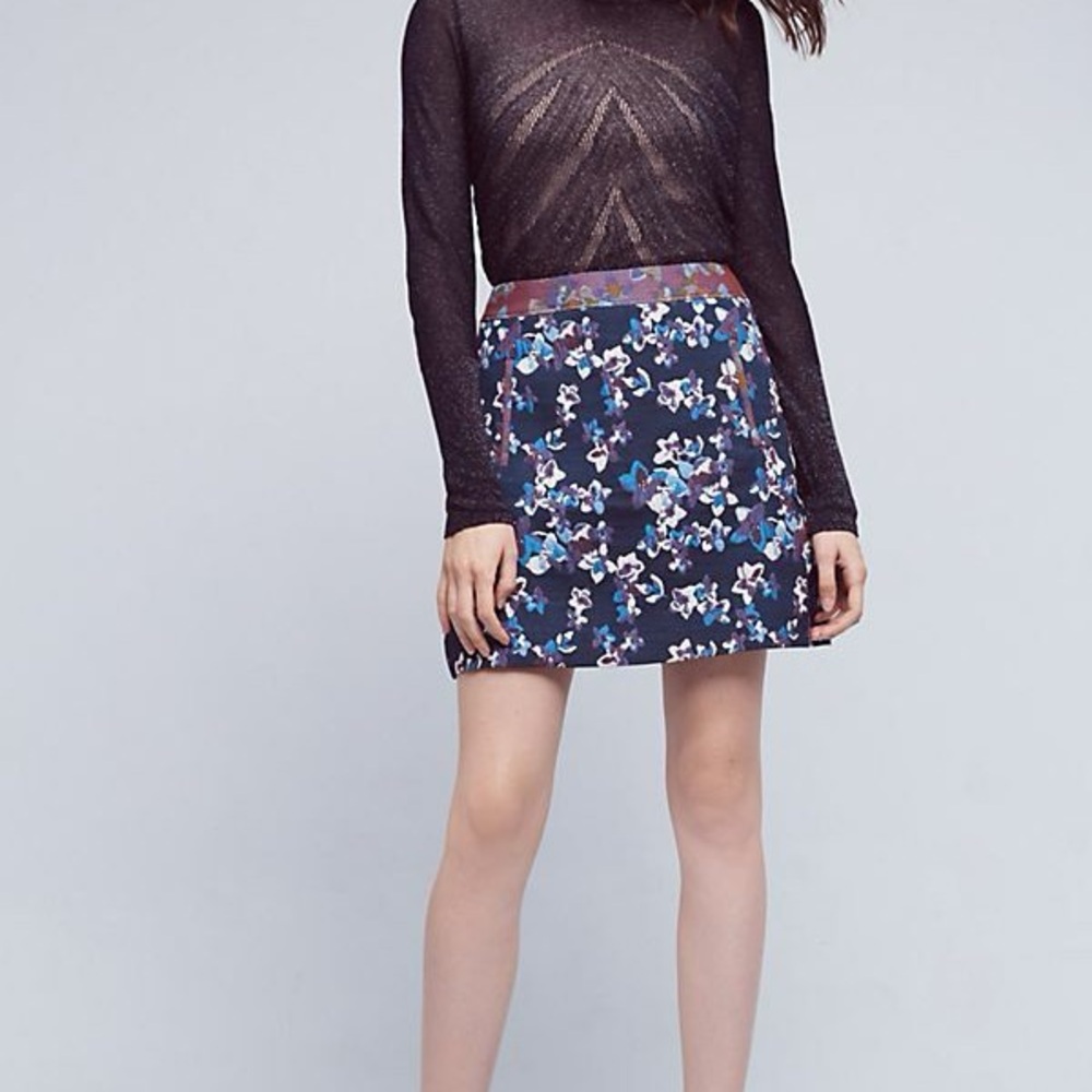 Maeve Anthropologie Floral Blue & Purple Embossed Jacquard Skirt Size 10